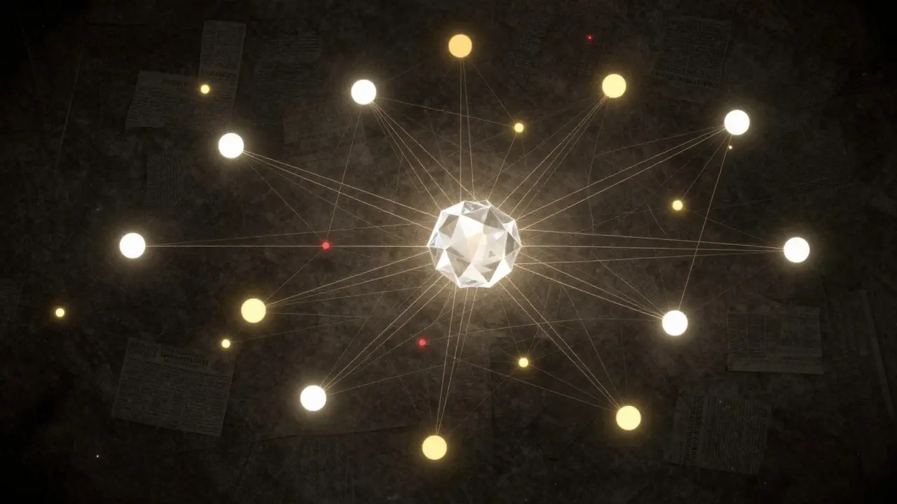 An abstract network diagram connecting various glowing nodes to a central crystal structure