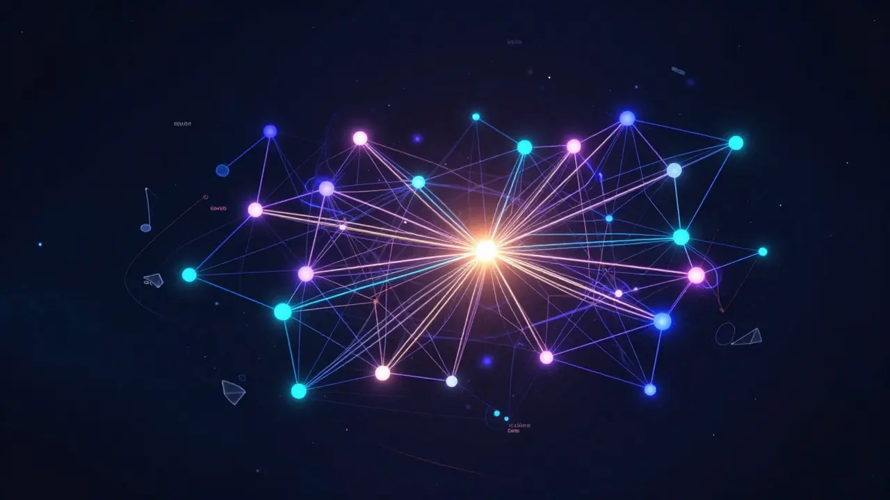 An abstract network of glowing nodes and threads representing interconnected knowledge concepts