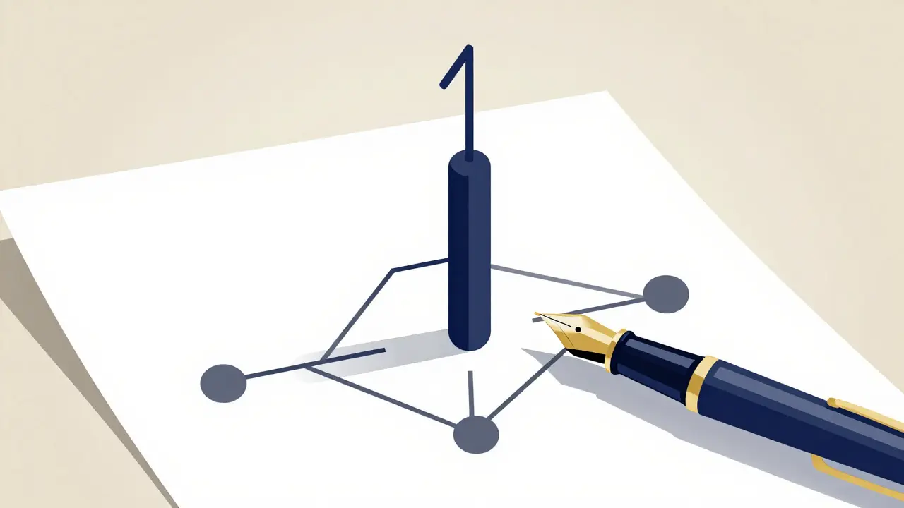 An artistic illustration of a fountain pen drawing abstract geometric shapes representing a structured argument.