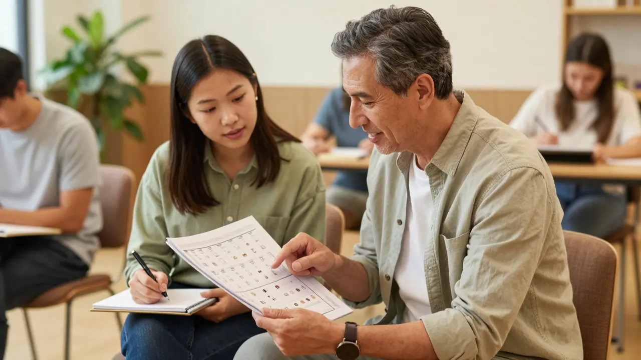 An experienced mentor guiding a new contributor through a checklist in a warm, collaborative workshop setting