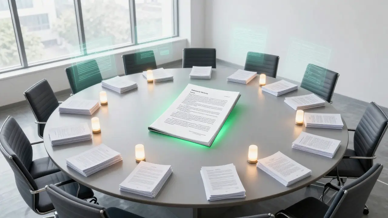 An overhead view of a meeting table with documents and a highlighted final policy file