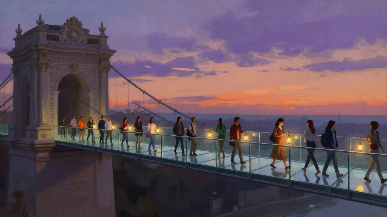 Artistic bridge connecting two architectural styles with people walking across