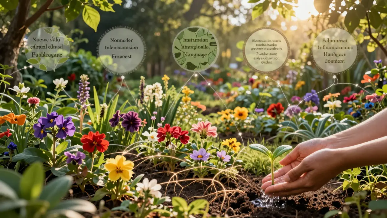 Artistic collage of a garden with glowing connections symbolizing community growth