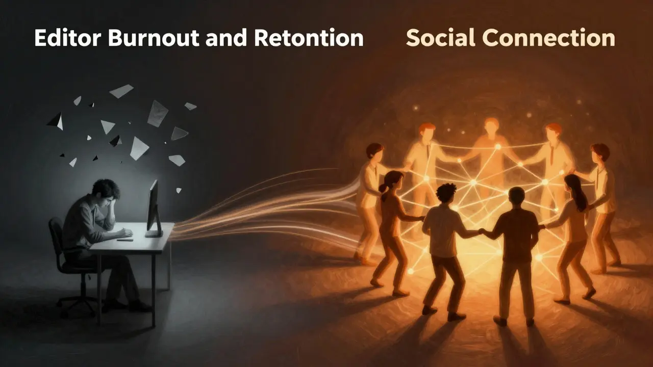 Artistic depiction of an isolated editor being drawn into a warm, connected community network