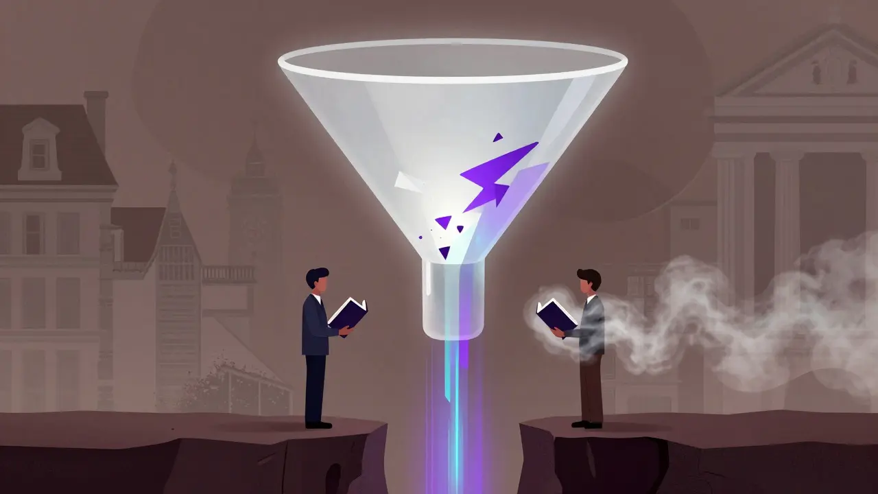 Artistic depiction of distorted light passing through a funnel, symbolizing translation errors
