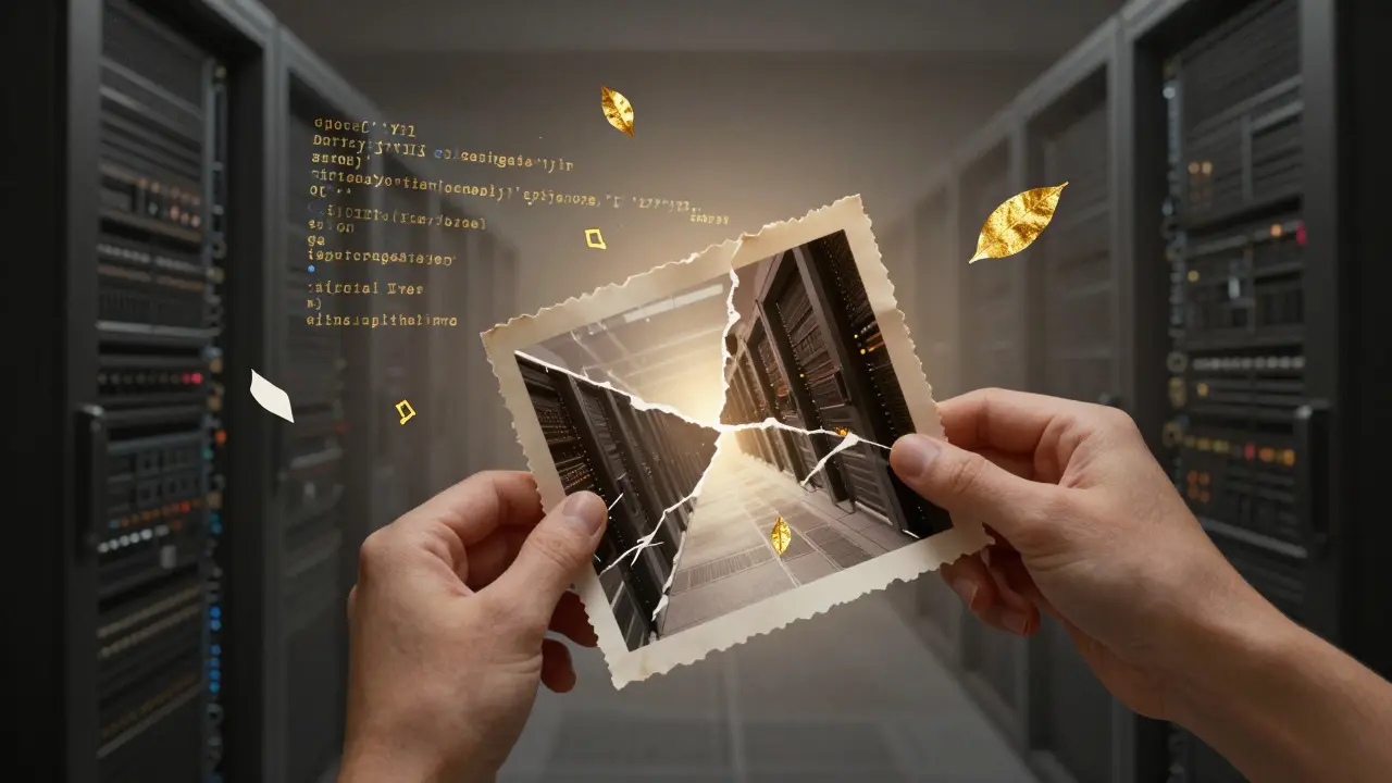 Artistic depiction of hands restoring a torn photo, symbolizing file recovery and archiving