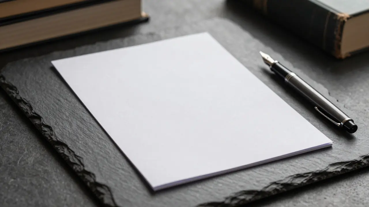 Blank paper and fountain pen on a slate surface under dramatic lighting
