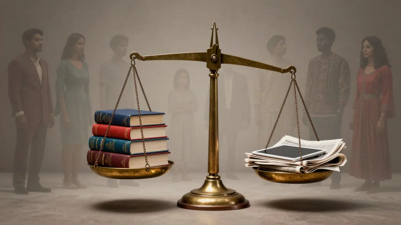 Brass balance scale weighing academic books against newspapers, symbolizing source reliability