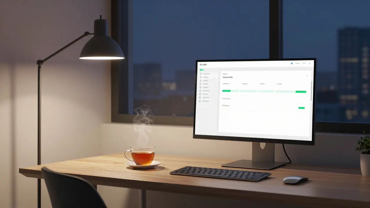 Calm, dimly lit home office setup with a single monitor and tea, symbolizing sustainable work habits