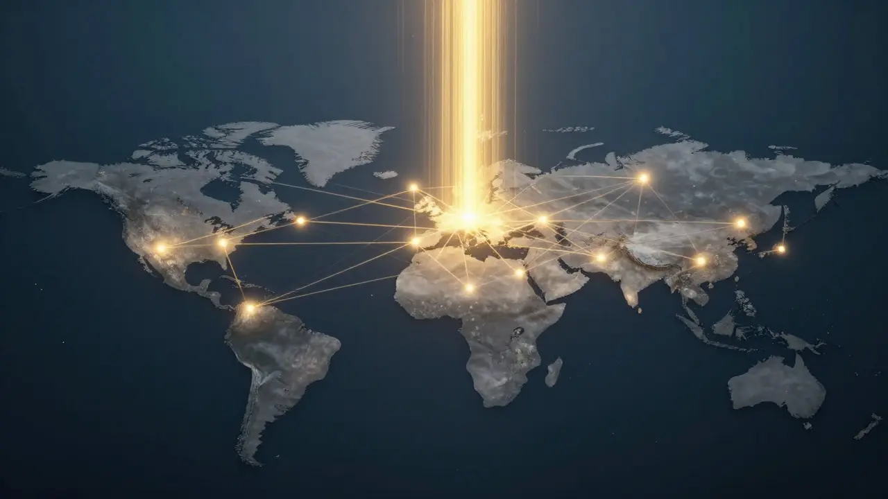 Cinematic view of a golden light beam freezing a global network of connected nodes