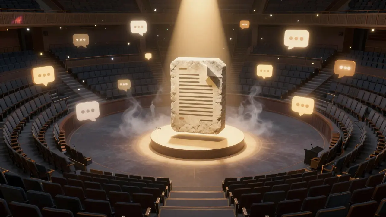 Cinematic view of an amphitheater where floating lights converge into a stable central structure