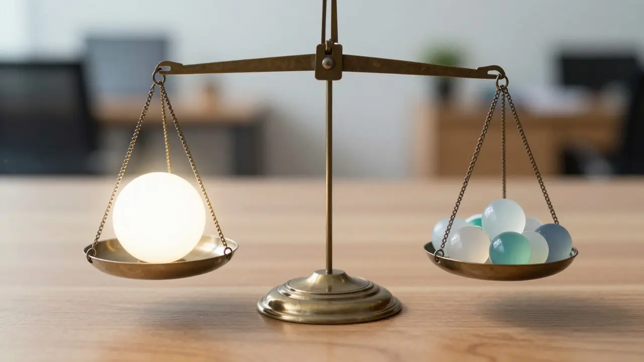 Close up of a balanced scale comparing objective truth with multiple perspectives