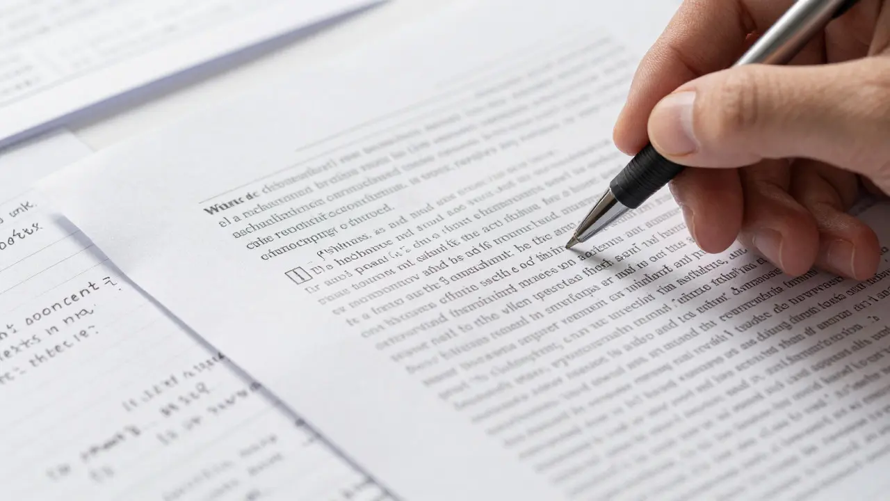 Close-up of a hand checking citations on a printed document with notes