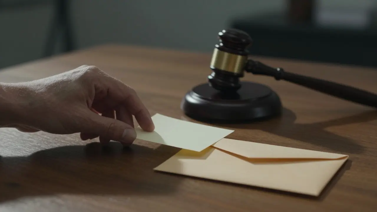 Close-up of a hand picking up a note from a stack of governance tools on a table