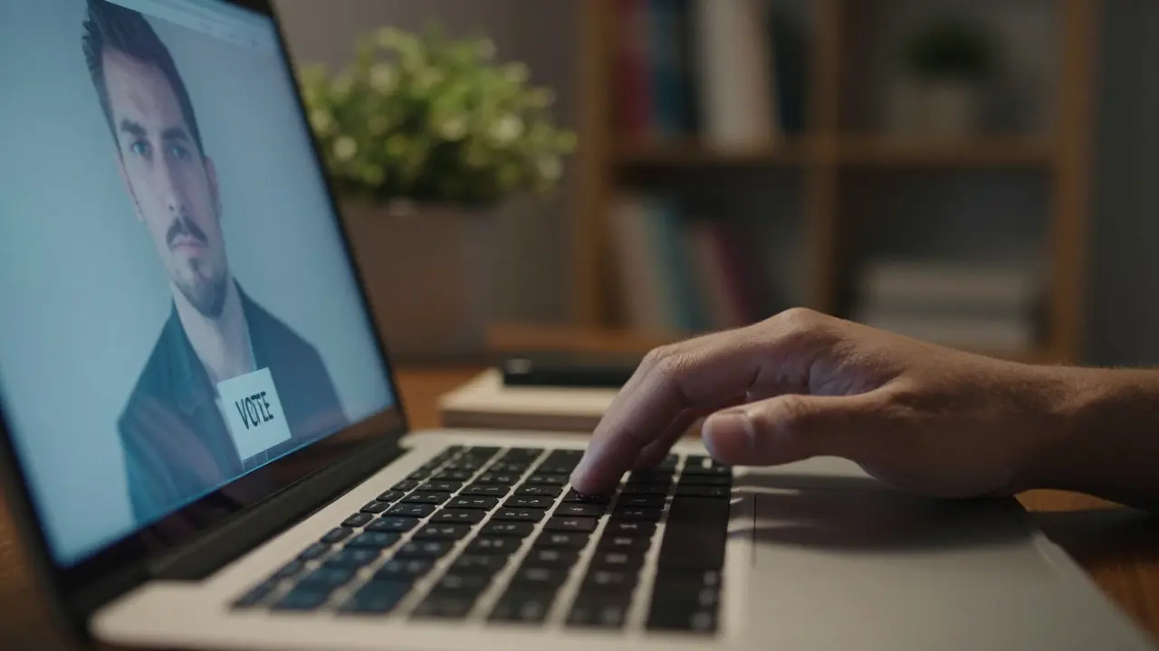 Close-up of a hand pressing enter on a laptop, symbolizing casting a vote.