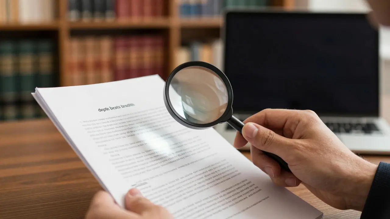Close-up of a hand using a magnifying glass to inspect detailed citations on a printed page in a library.