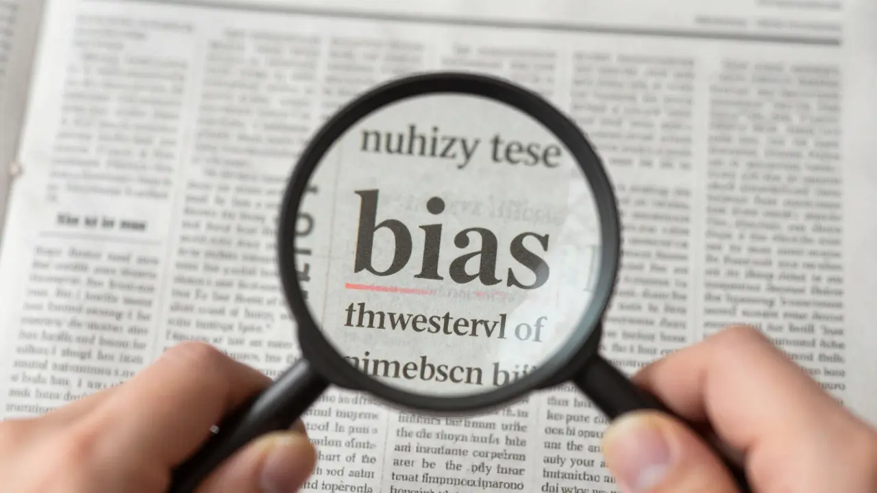 Close-up of a hand using a magnifying glass to scrutinize a newspaper article for bias