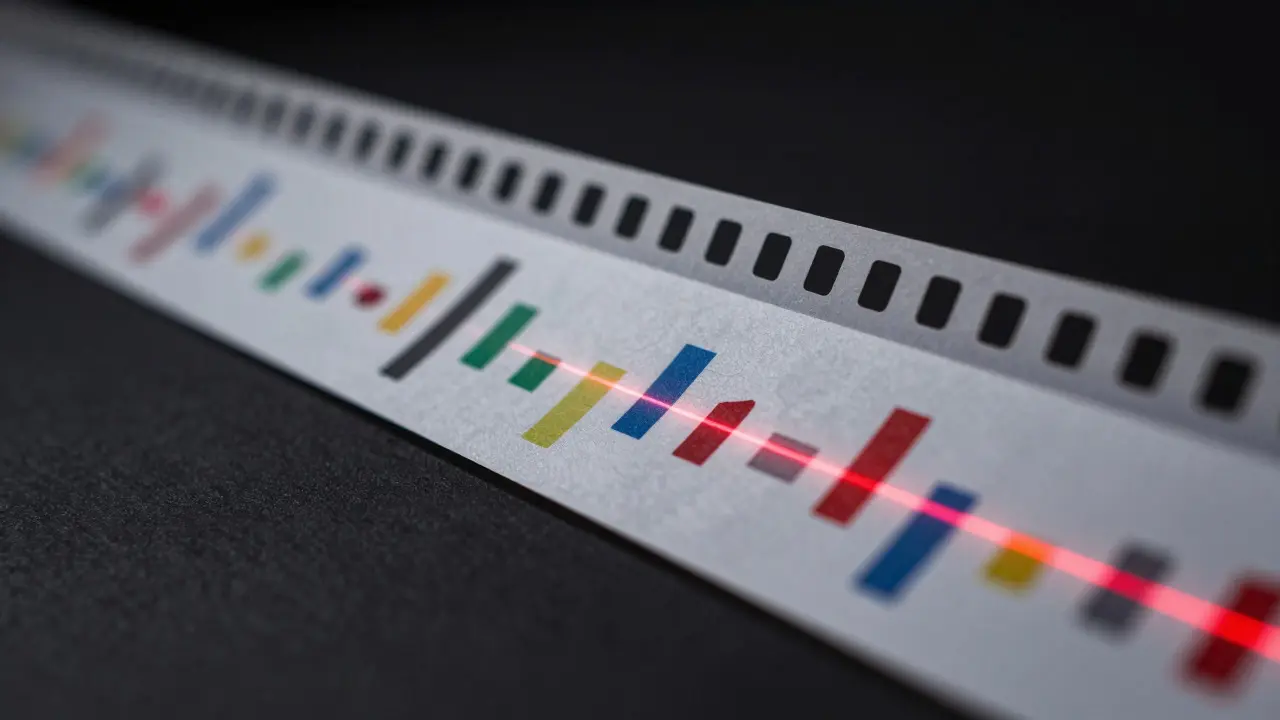 Close-up of a scrolling timeline with a scanning laser highlighting a specific data point change