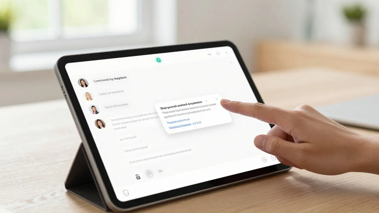 Close-up of a user verifying AI sources via interactive icons on a tablet