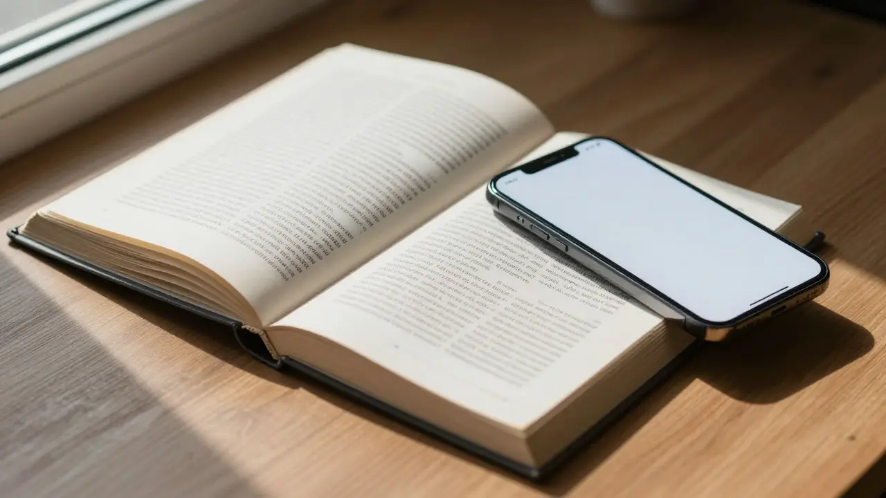 Close-up of an open encyclopedia with footnotes next to a glowing smartphone
