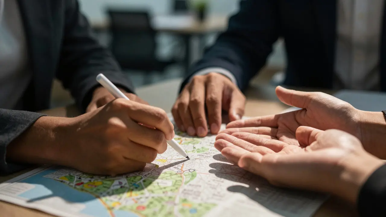 Close-up of diverse hands coming together on a table to symbolize collaborative decision-making