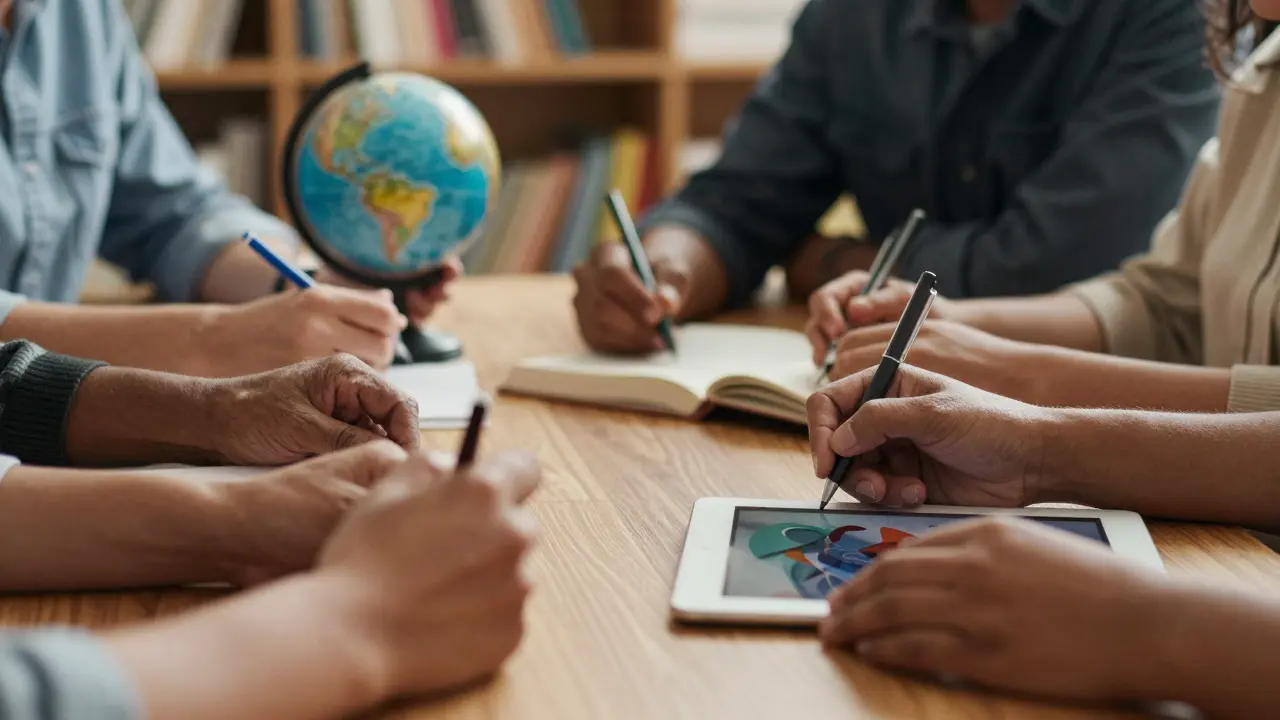 Close-up of diverse hands on a table collaborating, representing community-driven editing