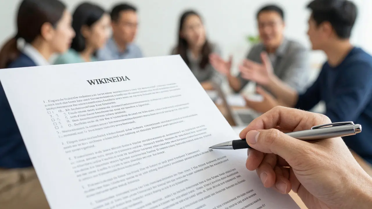 Close up of fact checking documents with a blurred group discussion in background