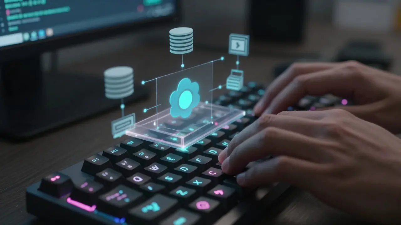 Close-up of hands coding with glowing keys and floating data icons