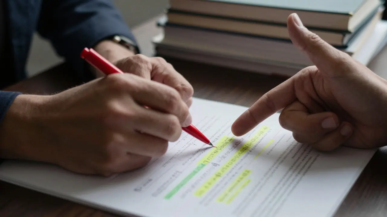 Close-up of hands discussing and annotating a physical document with a red pen.