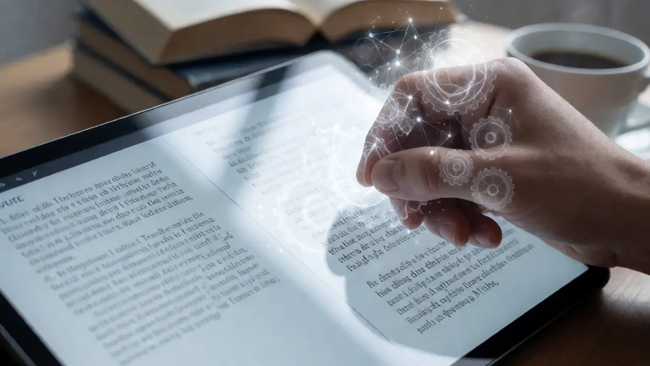 Close-up of hands editing translated text on a tablet with AI neural network overlays.