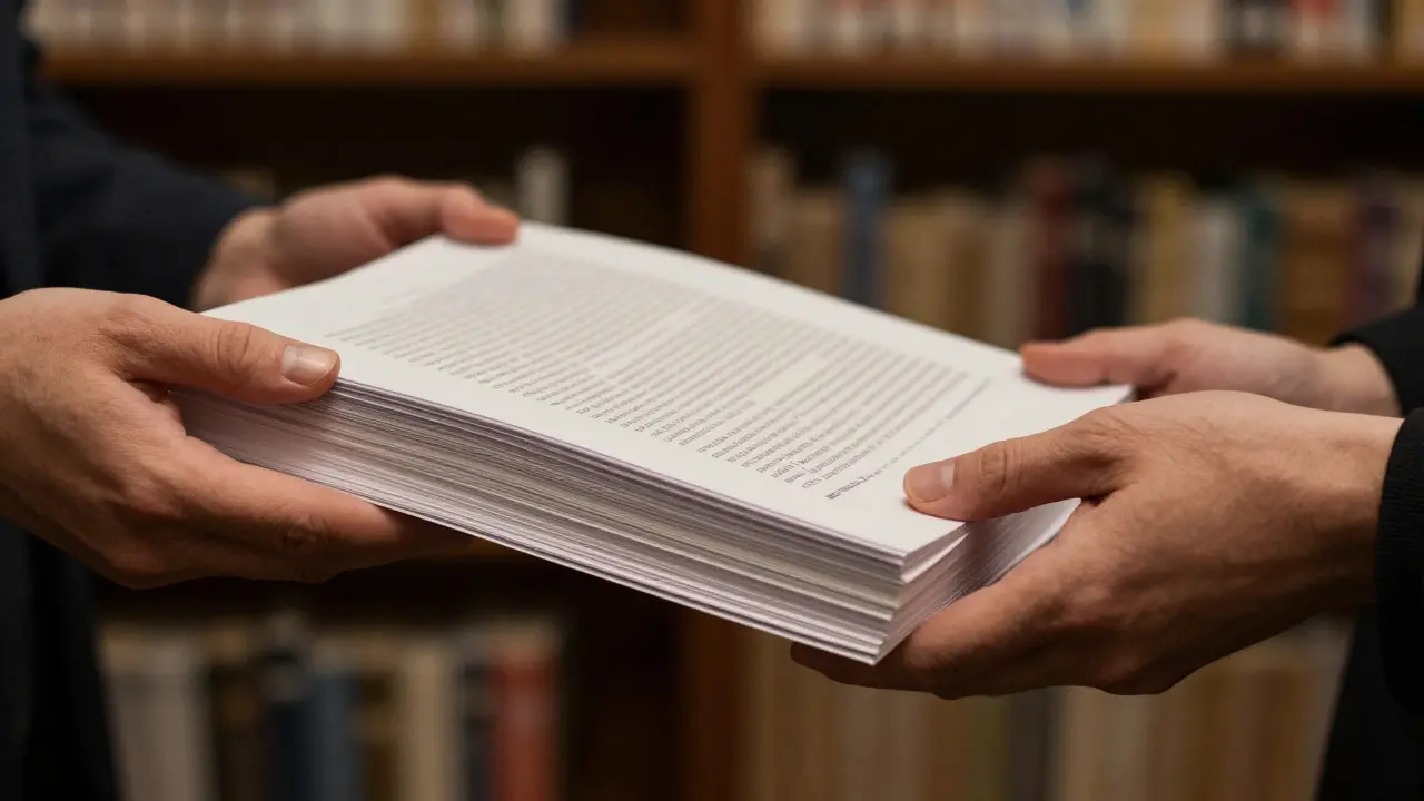 Close-up of hands exchanging documents in a quiet, focused setting.
