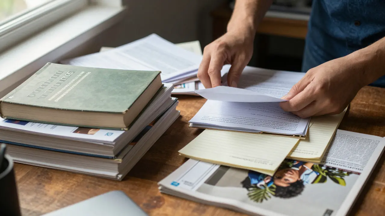 Close-up of hands sorting academic journals and trade publications on a desk