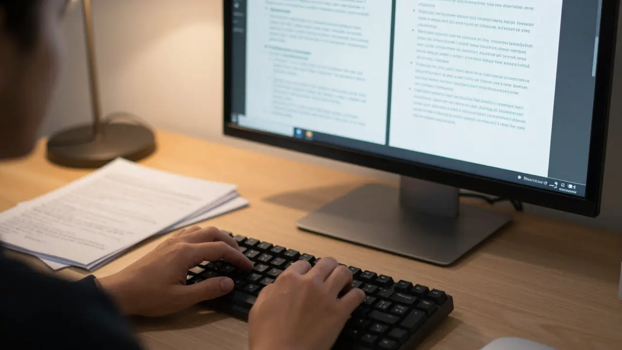 Close-up of hands typing at a desk with reference notes and dual monitors