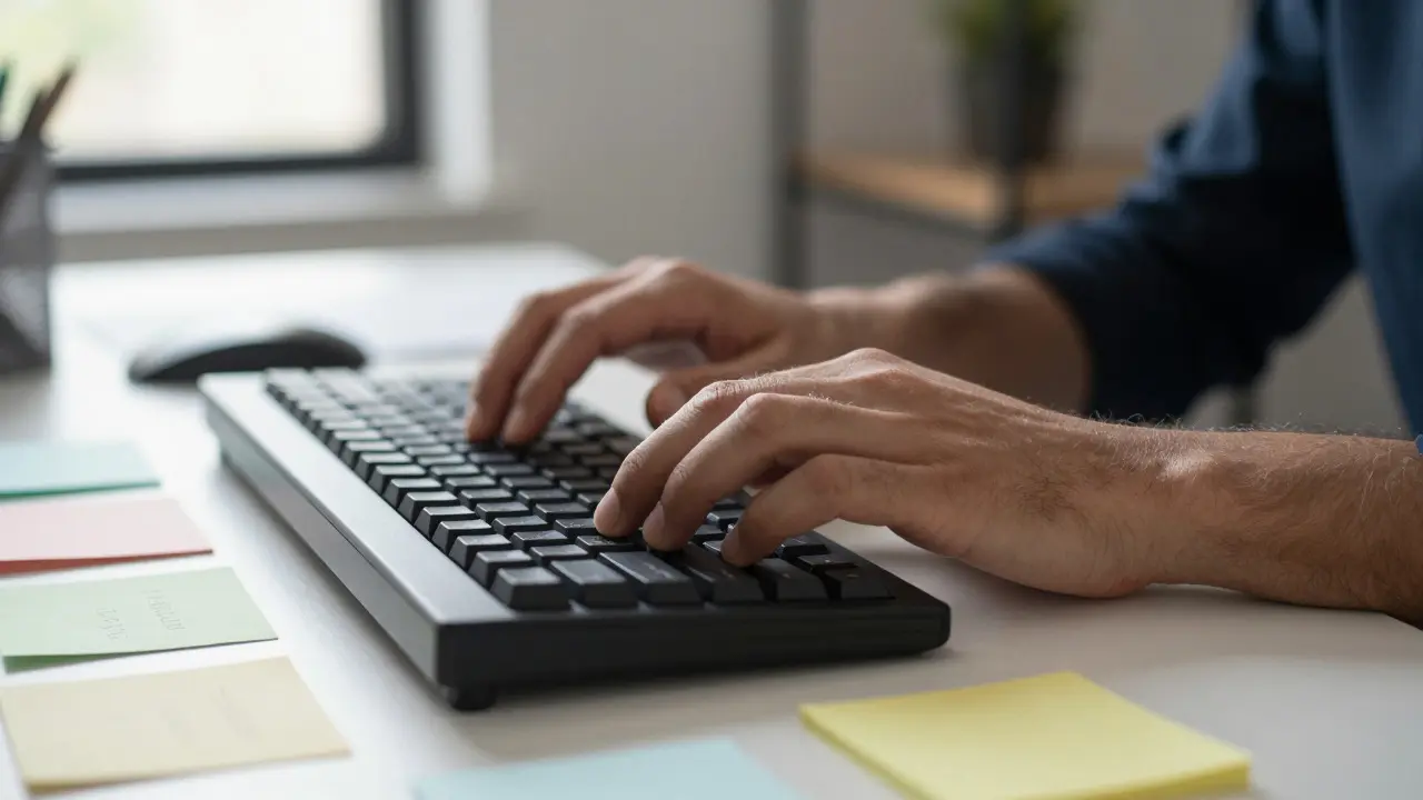 Close up of hands typing calmly on a keyboard surrounded by sticky notes
