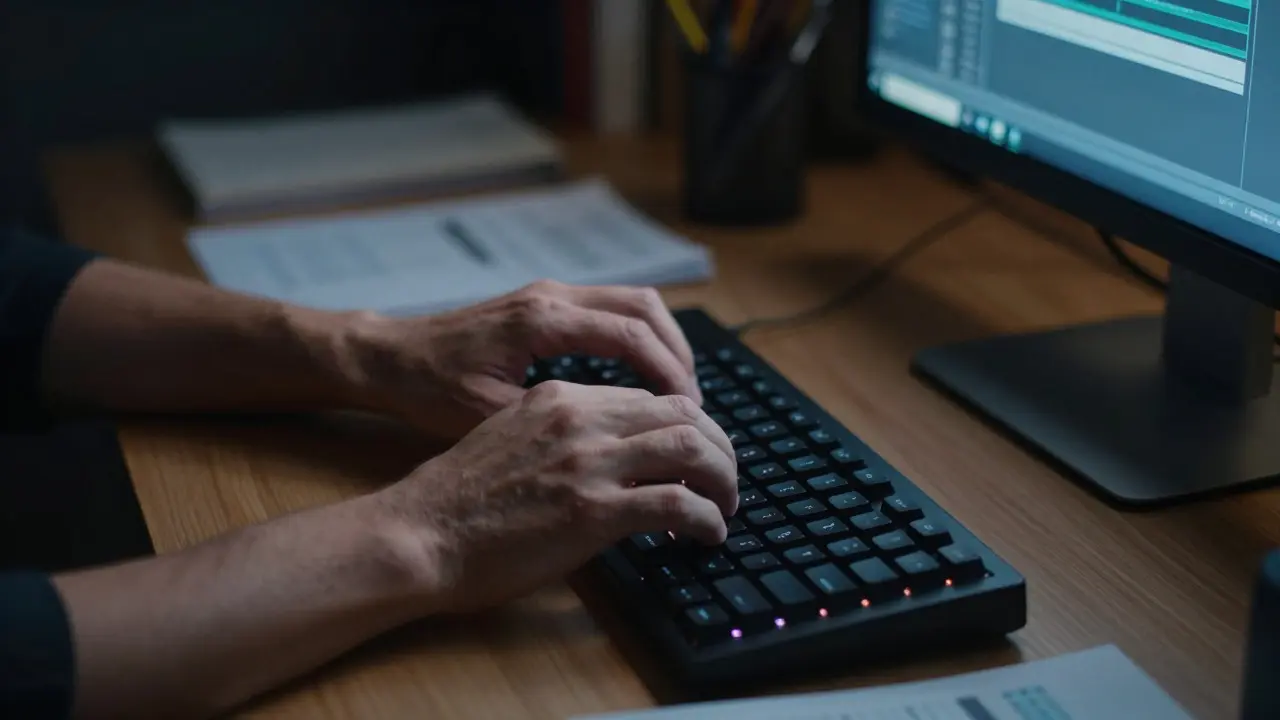 Close-up of hands typing on a keyboard in a dim room, illuminated by screen light, suggesting focused editing.