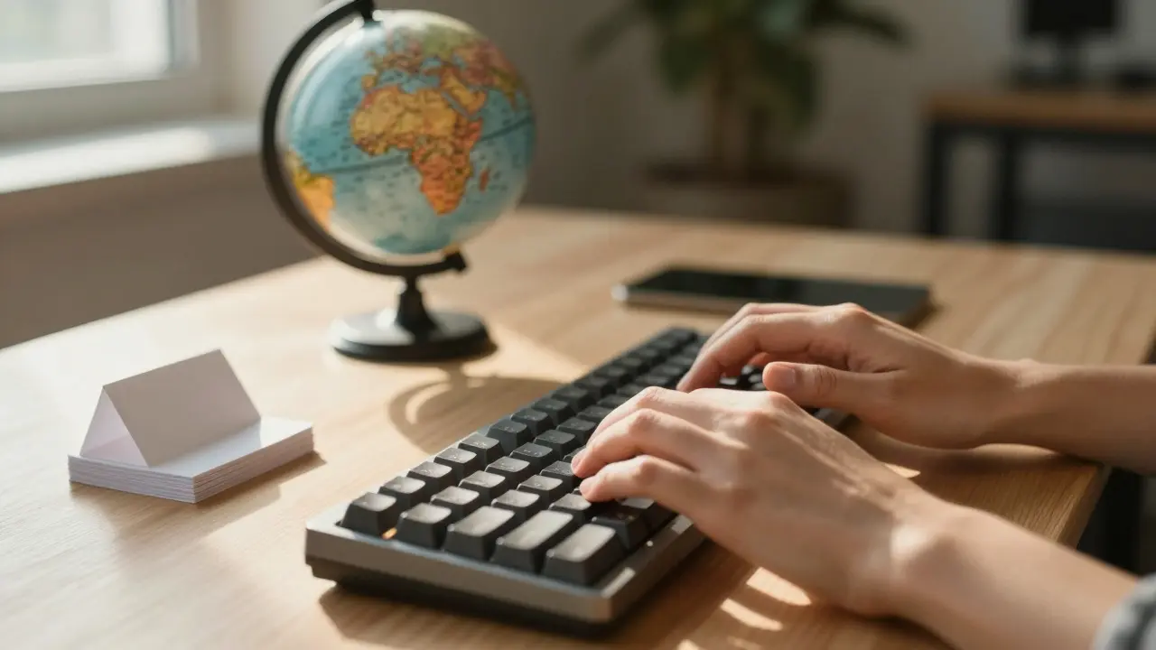 Close-up of hands typing on a keyboard next to a globe, symbolizing the daily work of global encyclopedia editing.