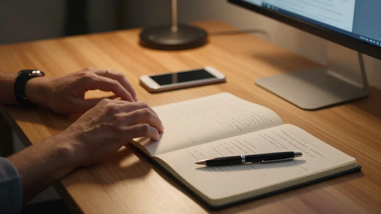 Close up of hands typing on a keyboard with a notebook and phone on a desk
