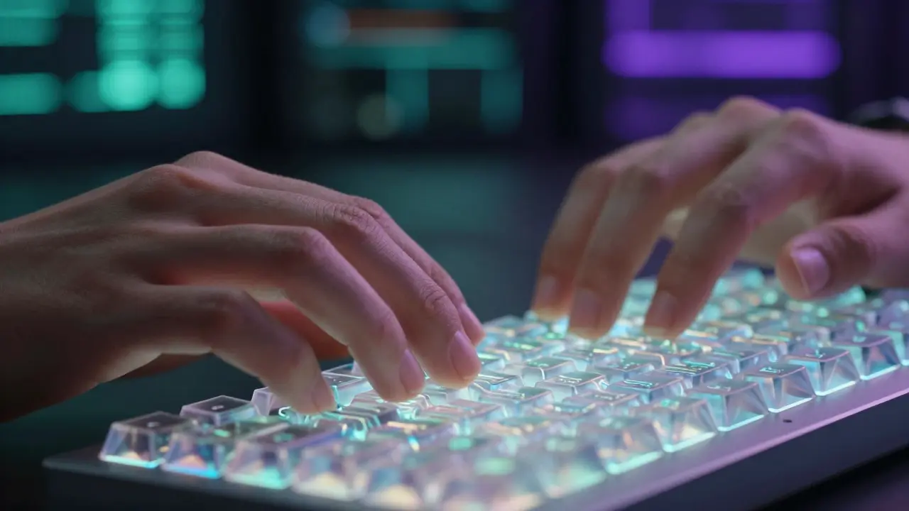 Close-up of hands typing on a keyboard with glowing internal circuits, representing AI-assisted moderation