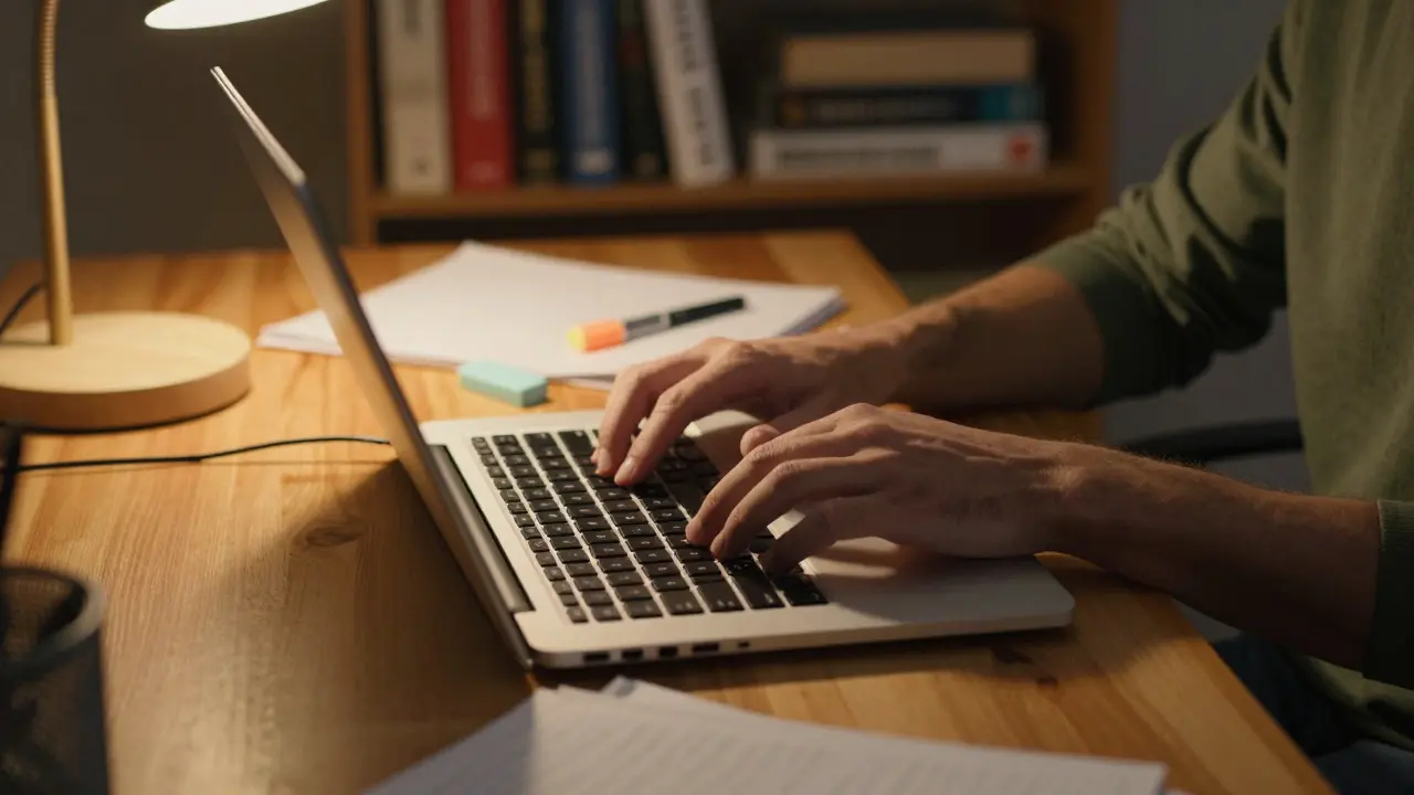 Close up of hands typing on a laptop in a warm home office with reference books nearby