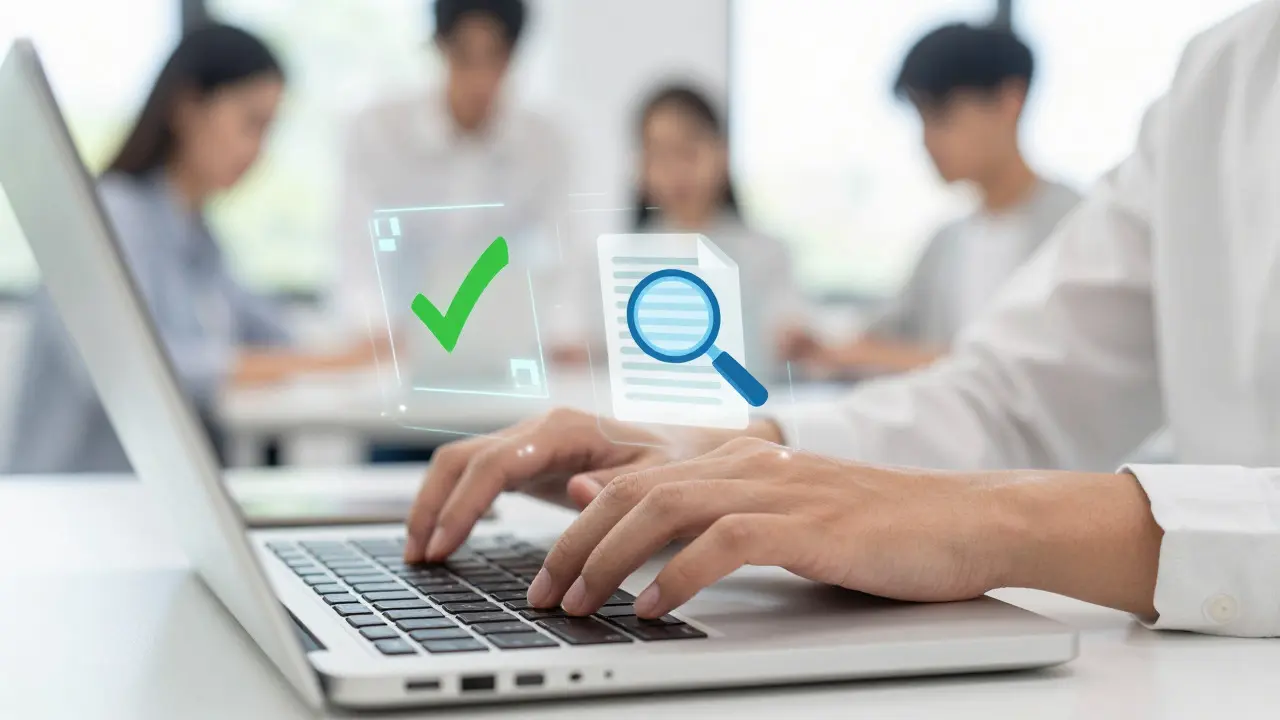 Close-up of hands typing on a laptop with holographic verification icons