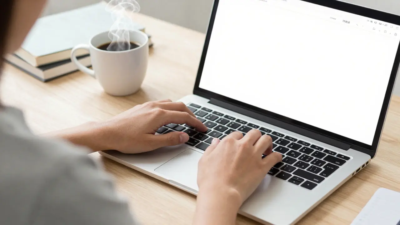 Close-up of hands typing on laptop in a home office setting