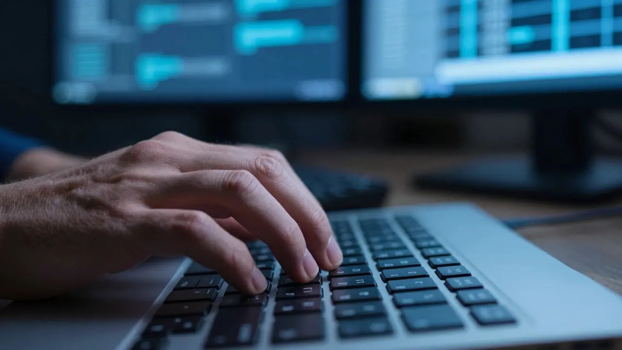 Close-up of hands typing rapidly on a keyboard under cool blue light