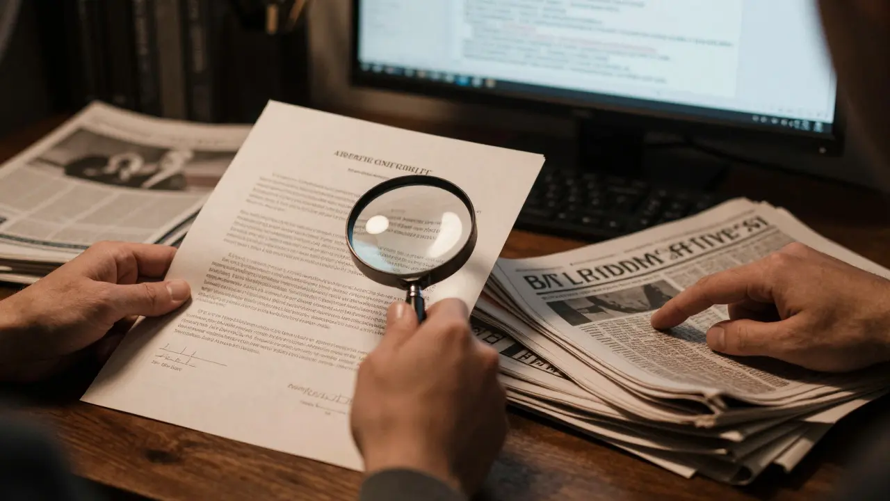Close-up of hands verifying a treaty against multiple news sources under warm lighting