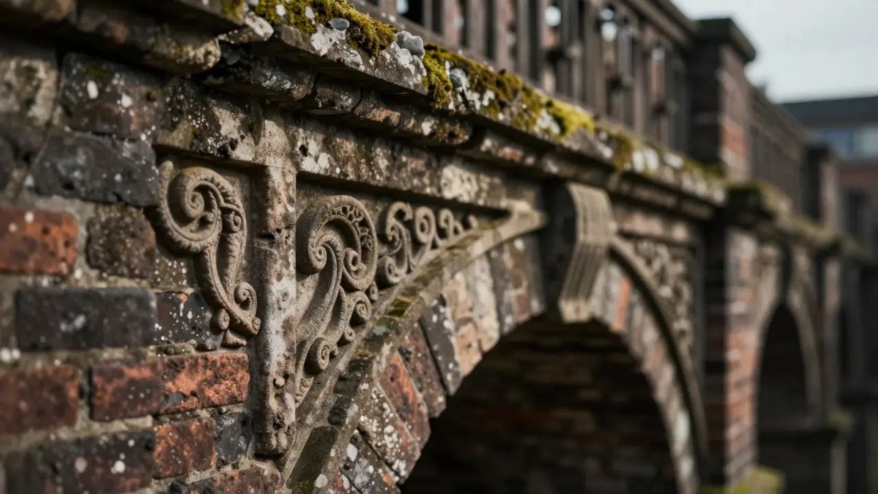 Close-up of intricate stone carvings on an old industrial building