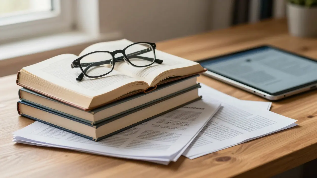 Close-up of medical textbooks and printed journals on a desk with reading glasses