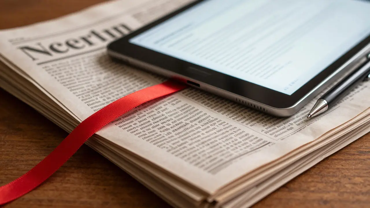 Close-up of old newspaper clippings and a tablet displaying a reference list on a wooden desk