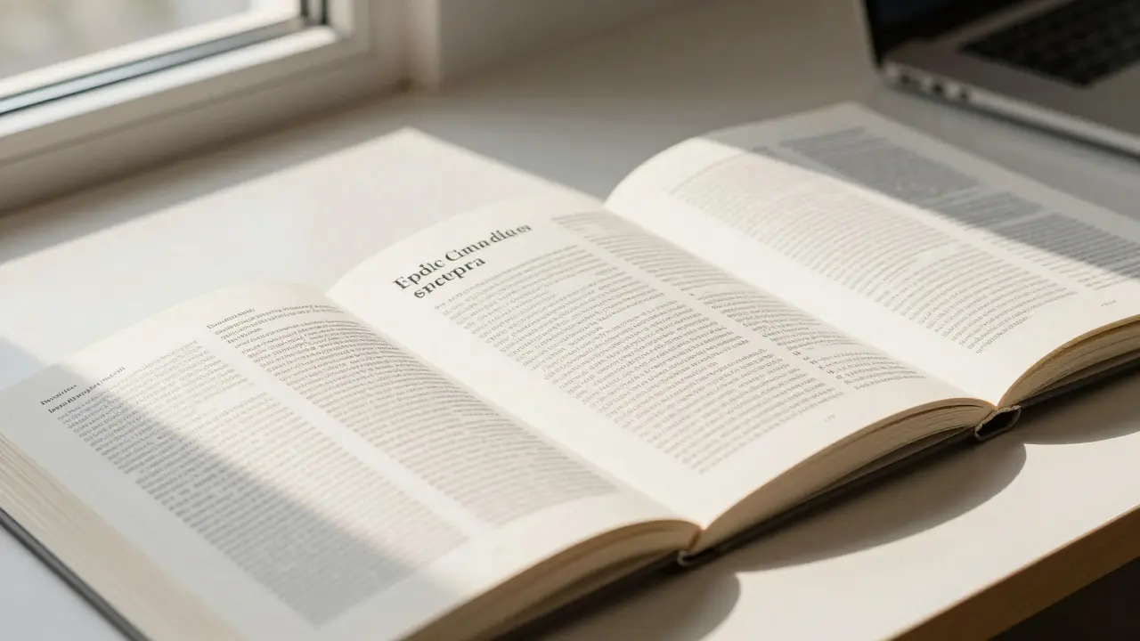 Close-up of three books on a desk displaying different text layouts and structures under warm natural light.