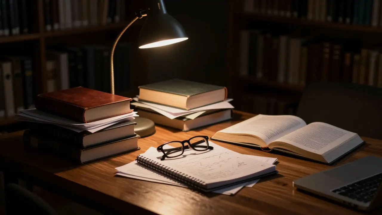 Cluttered desk with books and notes under a single lamp in a dark library