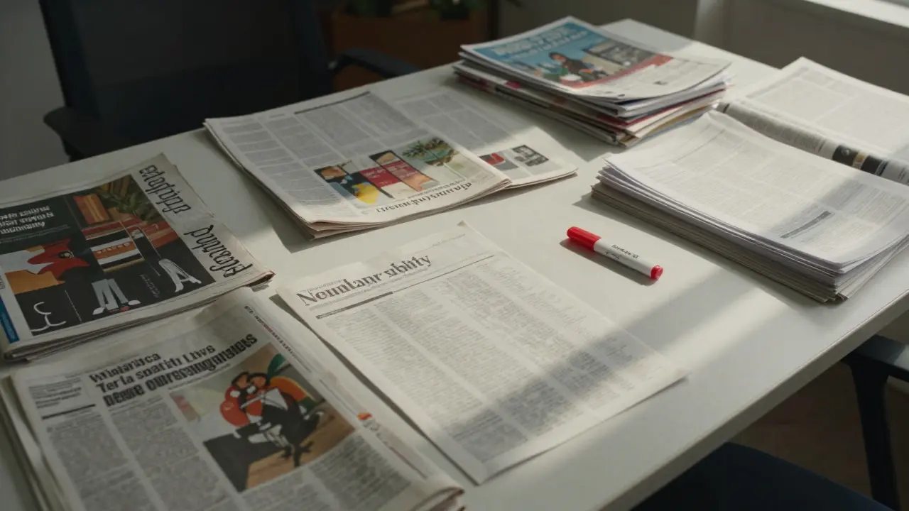 Cluttered desk with newspaper clippings and a red highlighter under daylight