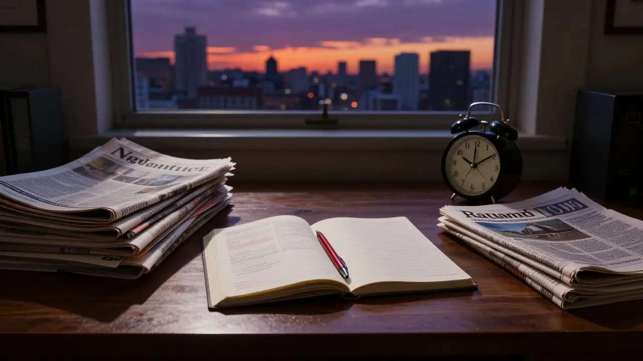Cluttered desk with notebooks and newspapers, representing thorough research for article creation
